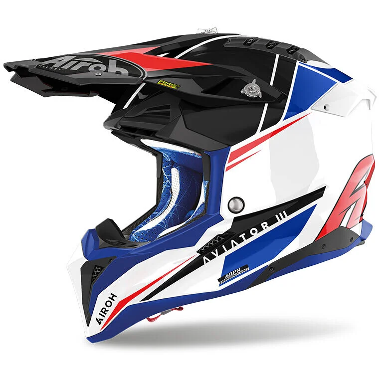 Consegna Rapida Casco Moto Cross Enduro Airoh AVIATOR 3 PUSH Blu Rosso Lucido