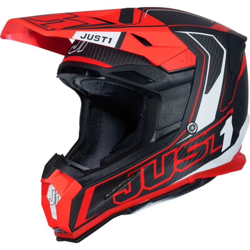 Casco Moto Cross Enduro in Carbonio Just1 J22 Carbon Fluo Rosso Bianco Ultime Pezzi
