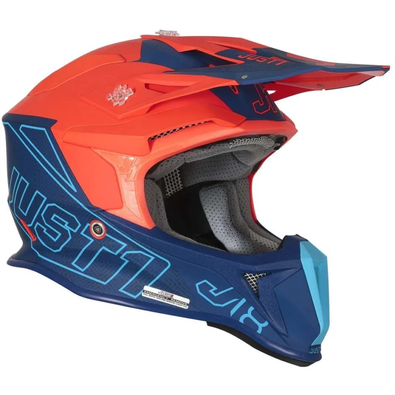 Reso Gratuito Casco Moto Cross Enduro In Fibra Just1 J18 VERTIGO Blu Bianco Arancio Fluo Opaco