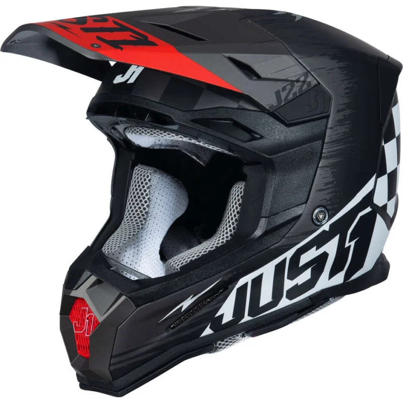 Esclusivo Casco Moto Cross Enduro in Fibra Just1 J22 Flagman Rosso Nero