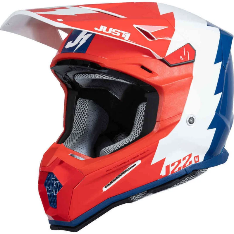 Ultimissimo Modello Casco Moto Cross Enduro in Fibra Just1 J22 Revolte Rosso Blu