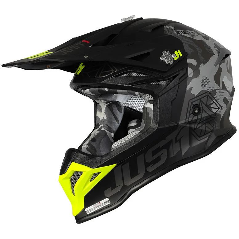 Casco Moto Cross Enduro Just1 J39 KINETIC Camo Giallo Fluo Nero Opaco Promozione Esclusiva