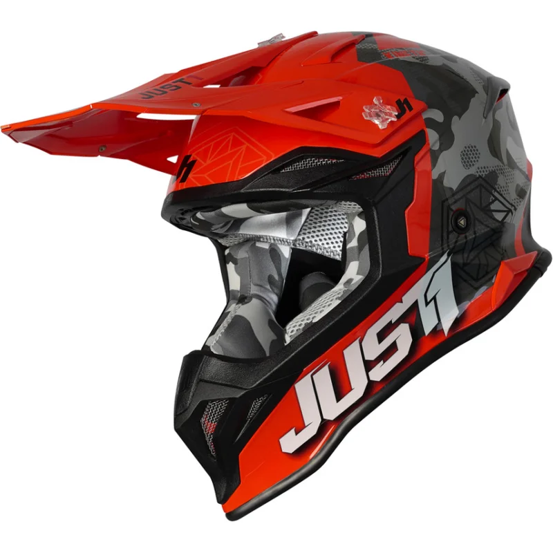 Spedizione Gratuita Casco Moto Cross Enduro Just1 J39 KINETIC Camo GRigio Rosso Fluo Arancio
