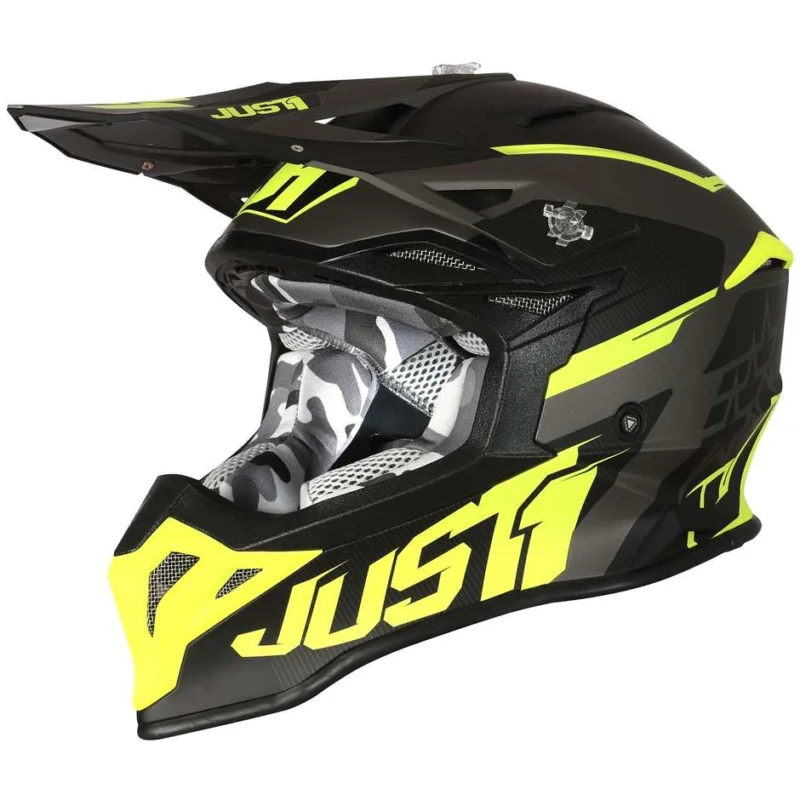 Più Venduto Casco Moto Cross Enduro Just1 J39 STARS Nero Giallo Fluo Titanio Opaco
