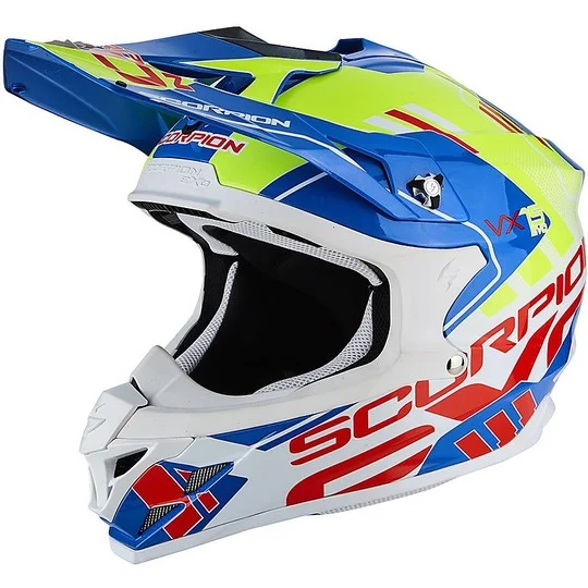 Casco Moto Cross Enduro Scorpion VX-15 EVO Air Argo Blu Giallo Neon Prezzo Basso