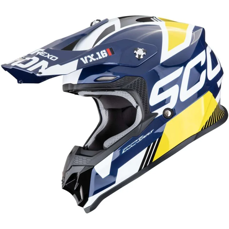 Casco Moto Cross Enduro ScorpionVX-16 EVO AIR ANALOG Bianco Blu Giallo Spedizione Gratuita
