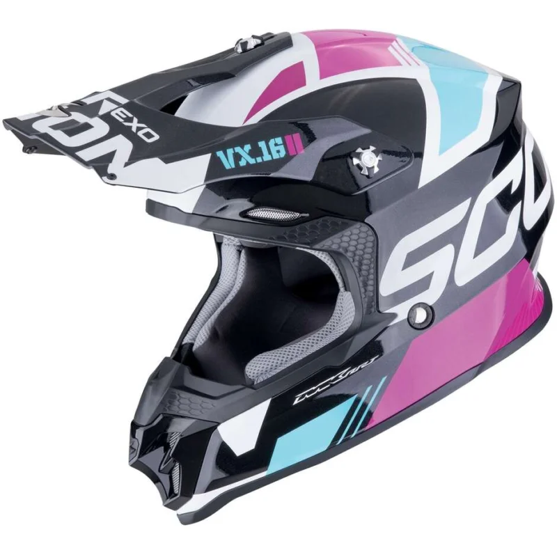 Sconto Casco Moto Cross Enduro Scorpion VX-16 EVO AIR ANALOG Metal Nero Blu Rosa