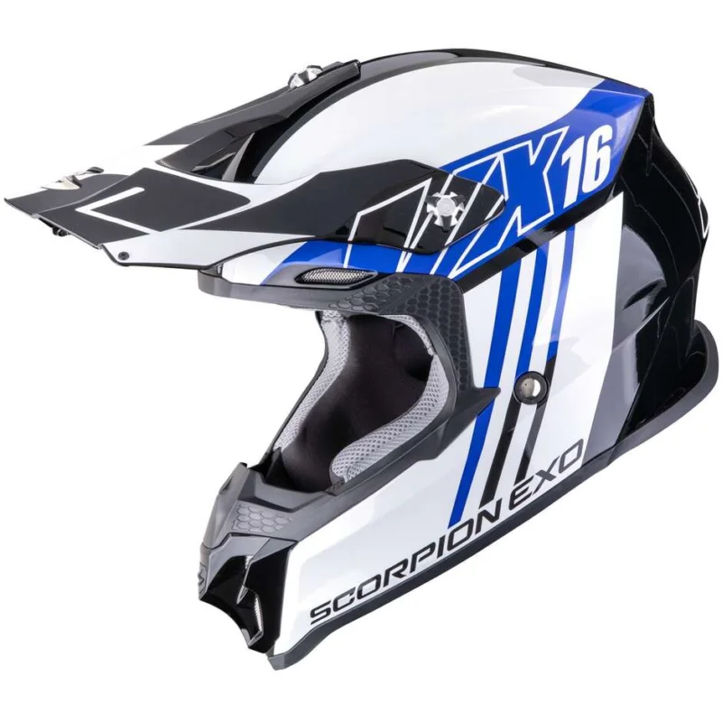Casco Moto Cross Enduro ScorpionVX-16 EVO AIR LIGNES Nero Blu Spedizione Espresso
