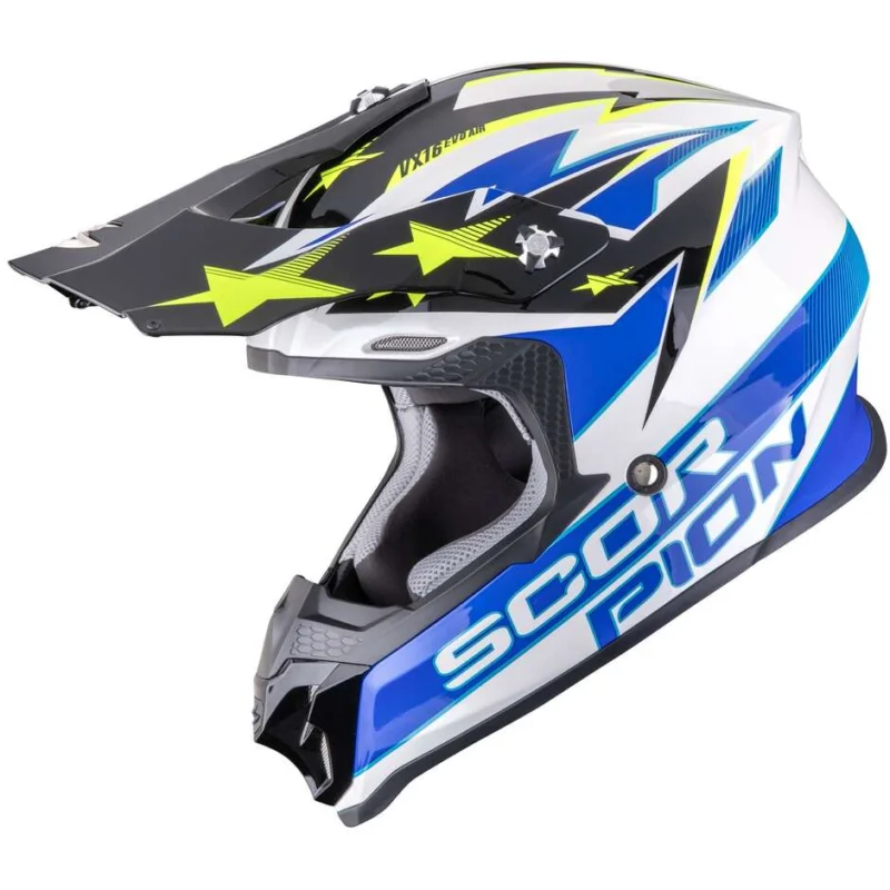 Casco Moto Cross Enduro ScorpionVX-16 EVO AIR PATRIOT Bianco Blu Giallo Compra Adesso