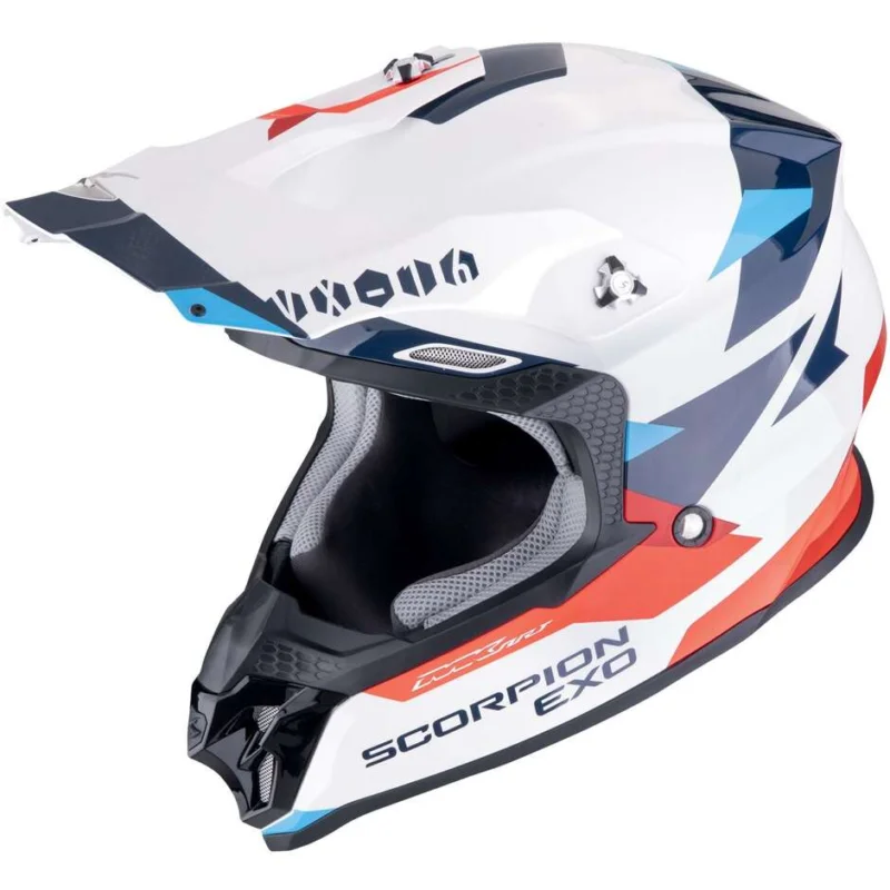 Casco Moto Cross Enduro Scorpion VX-16 EVO AIR ROD Bianco Rosso Blu Popolare