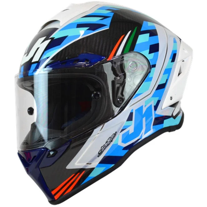 Casco Moto Integrale Racing Just1 J-GPR Replica De Rosa Bianco Blu Carbon Super Prezzo