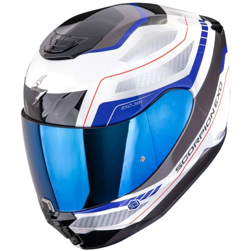 Casco Moto Integrale Scorpion EXO-391 LEO Bianco Blu A Buon Prezzo