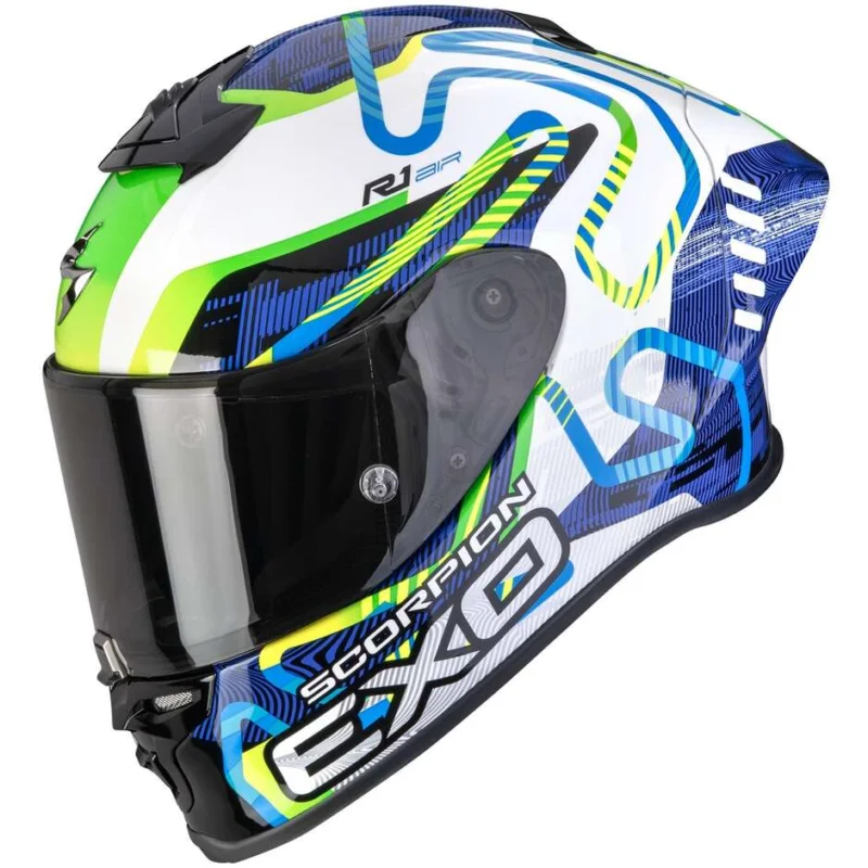 Offerta Limitata Casco Moto Integrale Scorpion EXO-R1 EVO II AIR CORNERING Bianco Blu Verde