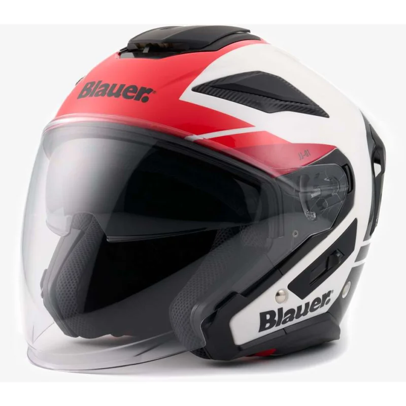 Saldi Casco Moto Jet Blauer JJ01 Doppia Visiera Grafica Bianco Nero Rosso