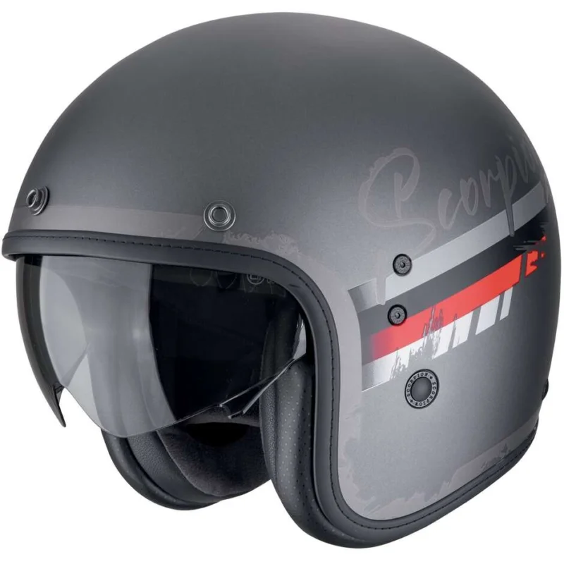 Subito Disponibile Casco Moto Jet Custom Scorpion BELFAST EVO ADONIS Argento opaco Rosso