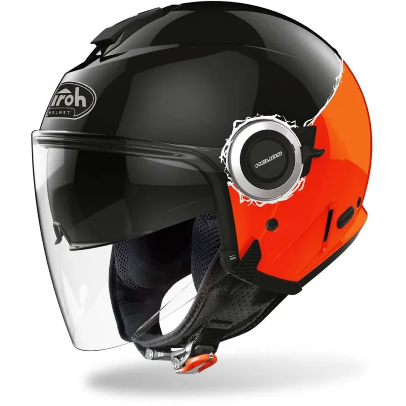 Esclusivo Casco Moto Jet Doppia Visiera Airoh HELIOS Fluo Nero Arancio Lucido
