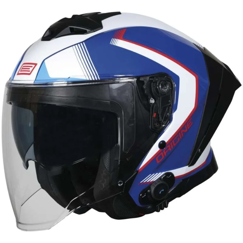 Prezzo Basso Casco Moto Jet Interfono Integrato ORIGINE APRICA + BT ESSENTIAL Rosso Blu Lucido 22.06