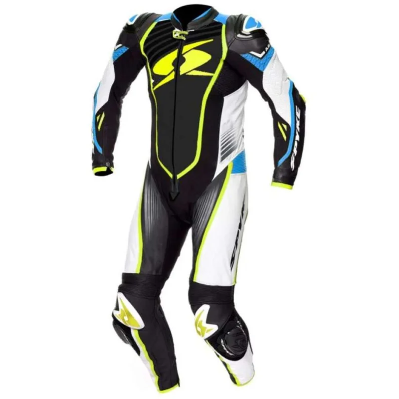 Tuta Moto Intera In Pelle Spyke ARAGON RACE Nero Bianco Blu Offerta Lampo