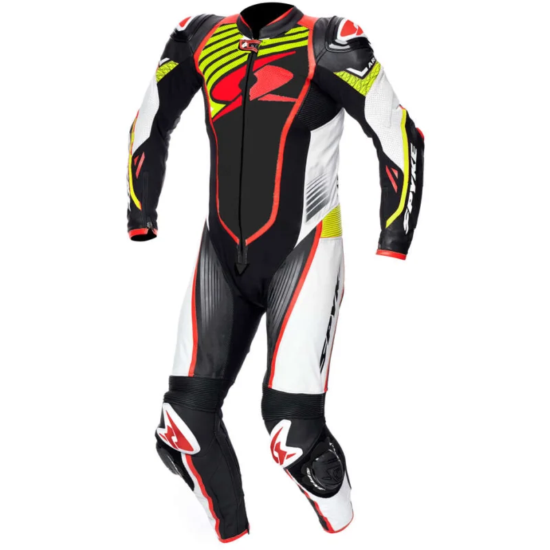 Prezzo Basso Tuta Moto Intera In Pelle Spyke ARAGON RACE Nero Bianco Giallo Fluo Rosso