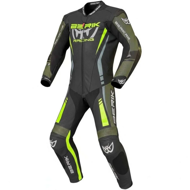 Tuta Moto Professionale In Pelle Berik 2.0 Ls1-171334FR Nero Verde Militare Offerta Lampo