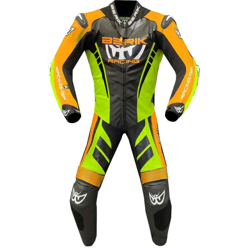 Tuta Moto Professionale In Pelle Berik 2.0 Ls1-171334SP Valencia Nero Arancio Giallo Fluo Reso Gratuito