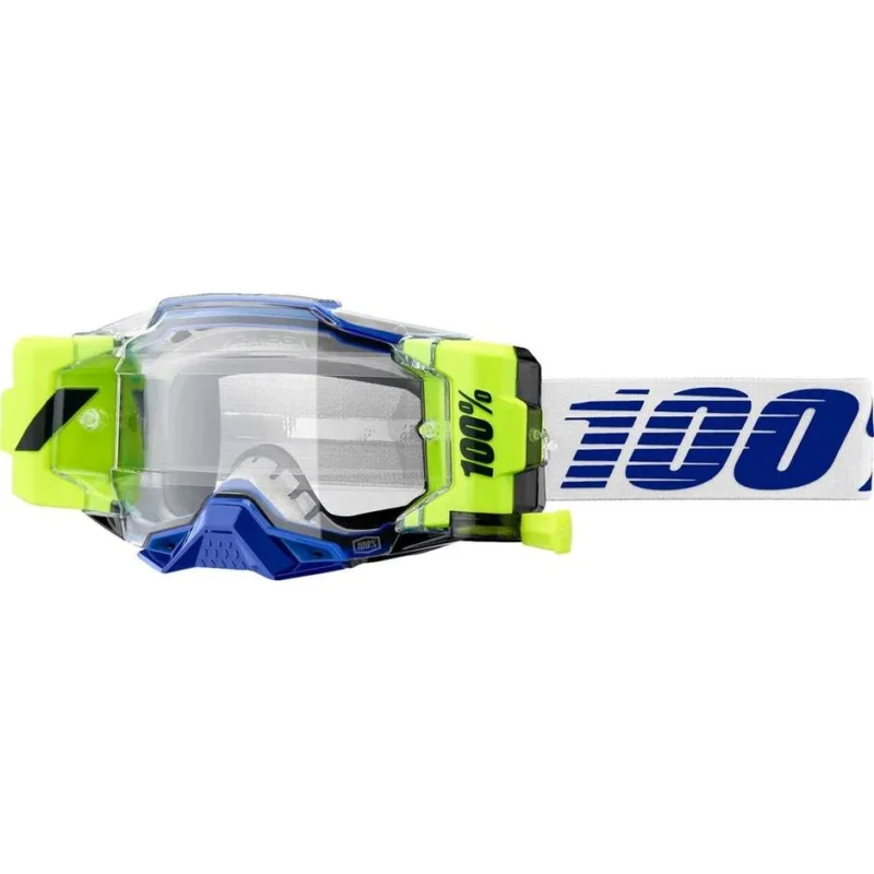 Compra Adesso 100% ARMEGA FORECAST Motocross Enduro Mask Blue White Yellow Fluo Clear Lens