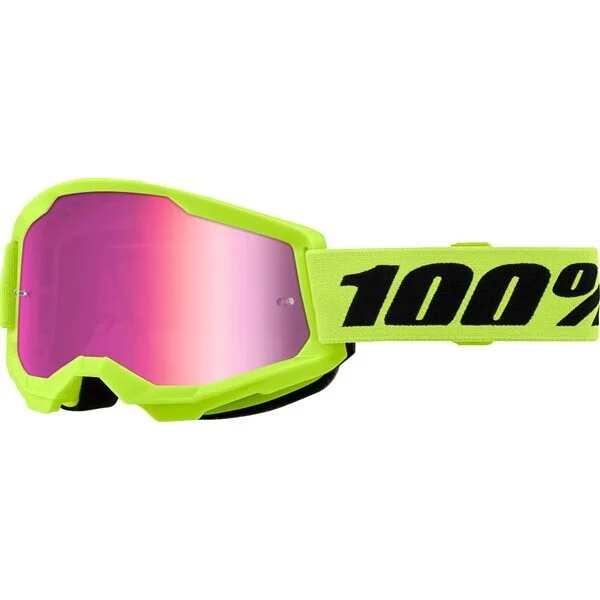 100% STRATA 2 NEON Yellow Cross Enduro Motorcycle Mask with Pink Mirror Lens Affare